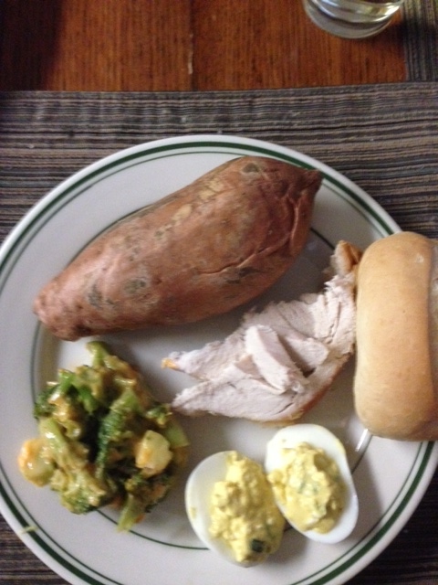 Plain sweet potato, about 4 oz. skinless white meat turkey, about 1/3 cup of Green Giant steamed broccoli cheese, 2 WW deviled eggs, and a dinner roll with I Can't Believe It's Not Butter Spray